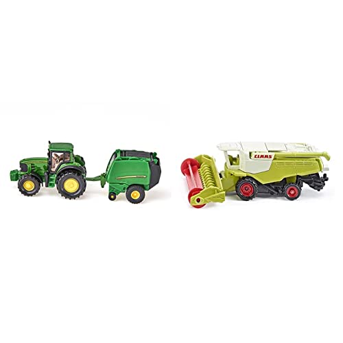 Siku 1665, John Deere Traktor mit Ballenpresse inkl. 2 Ballen, Metal/Kunststoff, Grün, Bewegliche Teile & 1476, Claas Mähdrescher, Metall/Kunststoff, Grün, Bewegliche Haspel, Schwenkbares Abtankrohr von Siku