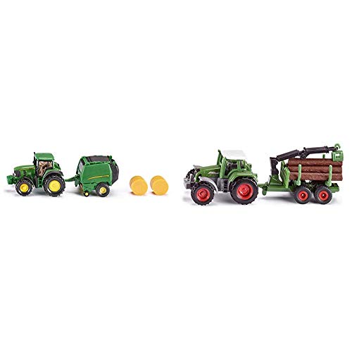 Siku 1665, John Deere Traktor mit Ballenpresse inkl. 2 Ballen, Metal/Kunststoff, Grün, Bewegliche Teile & 1645, Traktor mit Forstanhänger, Metall/Kunststoff, Grün, Inkl. 6 Baumstämmen Siku 1665, John Deere Traktor mit Ballenpresse inkl. 2 Ballen, Metal/Kunststoff, Grün, Bewegliche Teile & 1645, Traktor mit Forstanhänger, Metall/Kunststoff, Grün, Inkl. 6 Baumstämmen von Siku