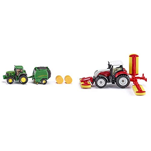 Siku 1665, John Deere Traktor mit Ballenpresse inkl. 2 Ballen, Metal/Kunststoff, Grün, Bewegliche Teile & 1672, Steyr Traktor mit Pöttinger Mähwerkskombination, Metall/Kunststoff, Rot von Siku