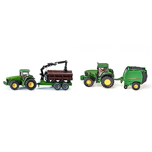 Siku 1954, John Deere Traktor mit Forstanhänger, 1:50, Metall/Kunststoff, Grün, Funktionsfähiger Ladearm und Greifer & SIKU 1665, John Deere Traktor mit Ballenpresse inkl. 2 Ballen, Grün Siku 1954, John Deere Traktor mit Forstanhänger, 1:50, Metall/Kunststoff, Grün, Funktionsfähiger Ladearm und Greifer & SIKU 1665, John Deere Traktor mit Ballenpresse inkl. 2 Ballen, Grün von Siku