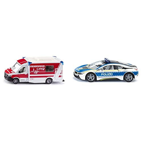 Siku 2115, Mercedes-Benz Sprinter Miesen Typ C Rettungswagen & 2303, BMW i8 Polizeiauto, Metall/Kunststoff, 1:50, Blau/Silber, Flügeltüren zum Öffnen, Wechselbare Räder, Gummierte Reifen Siku 2115, Mercedes-Benz Sprinter Miesen Typ C Rettungswagen & 2303, BMW i8 Polizeiauto, Metall/Kunststoff, 1:50, Blau/Silber, Flügeltüren zum Öffnen, Wechselbare Räder, Gummierte Reifen von Siku