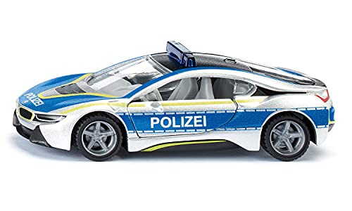 siku 2303, BMW i8 Polizeiauto, Metall/Kunststoff, 1:50, Blau/Silber, Flügeltüren zum Öffnen, Wechselbare Räder, Gummierte Reifen von Siku