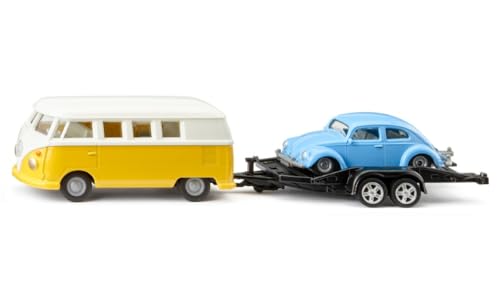 siku 2567, VW T1 Samba mit Transport-Anhänger und VW Käfer, 1:50, Metall/Kunststoff, Multicolor, Kippbare Ladefläche von Siku