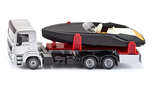 siku 2715, LKW mit Motorboot, 1:50, Metall/Kunststoff, Silber/Schwarz, Schwimmfähiges Spielzeugboot von Siku