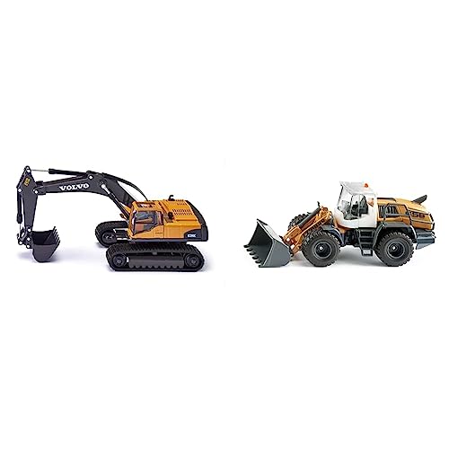 Siku 3535, Volvo Hydraulikbagger & 3561, Liebherr L 556 Radlader, 1:50, Metall/Kunststoff, Orange, Beweglicher Frontlader, Motorhaube zum Öffnen von Siku