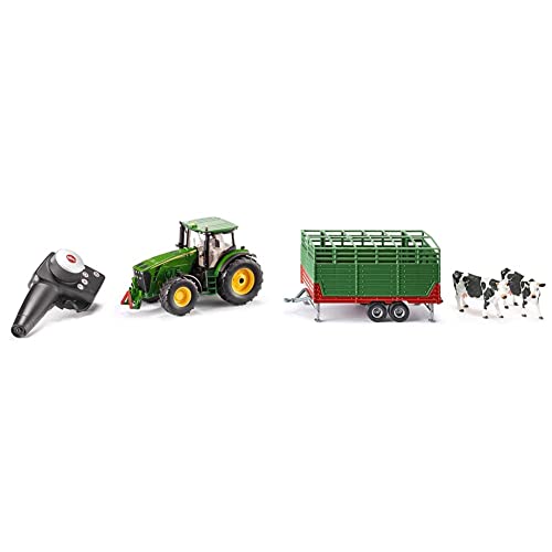 Siku 6881, Ferngesteuerter John Deere 8345R Traktor, 1:32, Inkl. Fernsteuermodul, Grün, Kompatibel mit Anbaugeräten & 2875, Viehanhänger inkl. 2 Holstein-Kühen, 1:32, Grün, Viele Funktionen von Siku