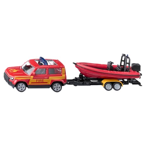 Siku - Land Rover Defender mit Boot - Rot - Feuerwehrauto SUV - Metall und Kunststoff PVC frei - Endloser Spielspaß - Kleines Spielzeug - Stabile Konstruktion - ab 3 Jahren - SK-1608 von Siku