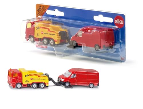 siku 1667, Abschleppwagen mit PKW, Metall/Kunststoff, Rot/Gelb, Heb- und Senkbare Abschleppvorrichtung von Siku