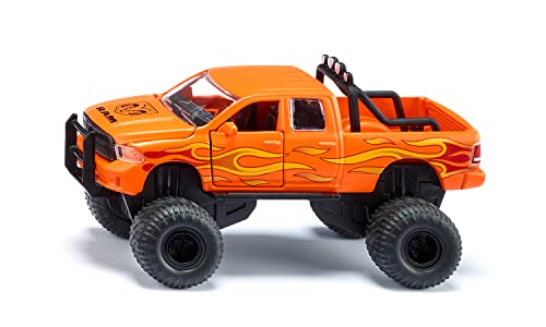 siku 2358, Dodge RAM 1500 mit Ballonreifen, Spielzeug-Auto, 1:50, Metall/Kunststoff, Schwarz/Orange, Wechselbare Räder, Tür, Motorhaube und Heckklappe zum Öffnen von Siku