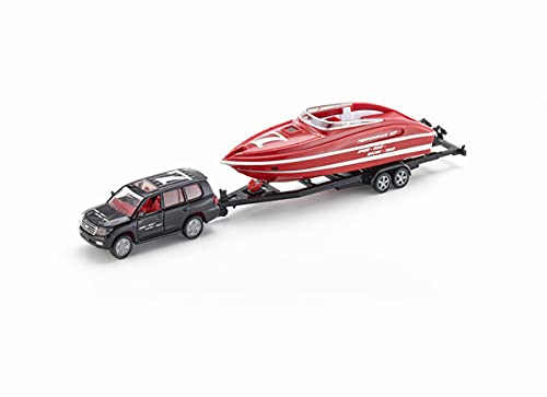 siku 2543, PKW mit Motorboot, 1:55, Metall/Kunststoff, Schwarz/Rot, Schwimmfähiges Spielzeugboot von Siku