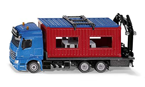 siku 3556, LKW mit Baucontainer, 1:50, Metall/Kunststoff, Blau/Rot, Inkl. Kran zum Abnehmen des Containers von Siku