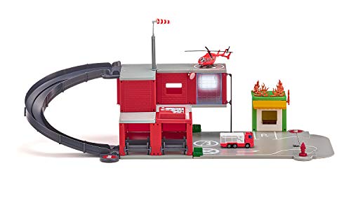 siku 5508, Feuerwache, Rot, Kunststoff, Mit Licht- und Soundeffekten, Inkl. Feuerwehrauto, Hubschrauber, Nebengebäude und Aufkleber-Set von Siku