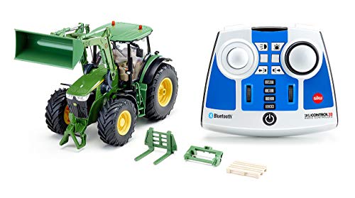 siku 6795, John Deere 7310R Traktor mit Frontlader, Grün, Metall/Kunststoff, 1:32, Ferngesteuert, Inkl. Bluetooth-Fernsteuerung und Zubehör, Steuerung via App möglich von Siku