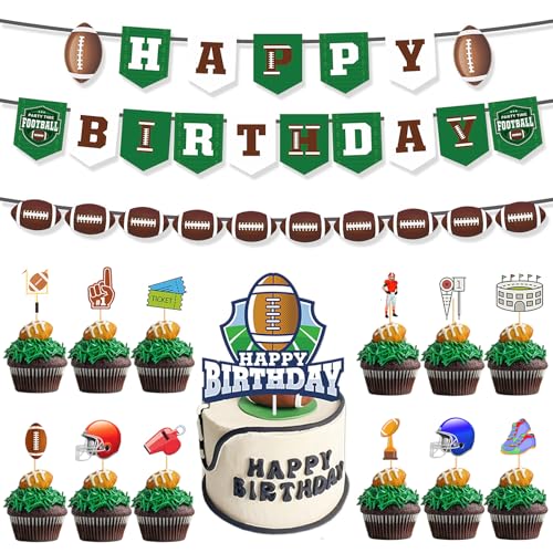 Silars American Football Tortendeko Geburtstag Junge, 15 Stücke Tortenaufleger Rugby Fussball Kuchen Deko, Includes Ein Kuchendekor und 12 Stück Cupcake-Dekore und 2 Stück Girlanden von Silars
