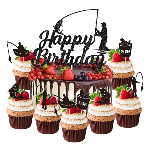 Silars Cake Topper Angeln Tortendeko Geburtstag Angler, 9 Stücke Glitzer Tortenaufleger Fische, Fischer Kuchendeko für Tischdekoration für Angeln Thema Geburtstagsparty von Silars