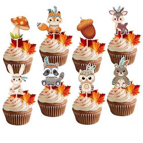 Silars Cake Topper Waldtiere, 24 Stücke Waldtiere Geburtstag Deko Tortendeko Waldtiere Rehkitz Fuchs Eule Kaninchen Bär Eichhörnchen, Muffin Deko Tiere für Kindergeburtstag, Babyparty, Geburtstag von Silars