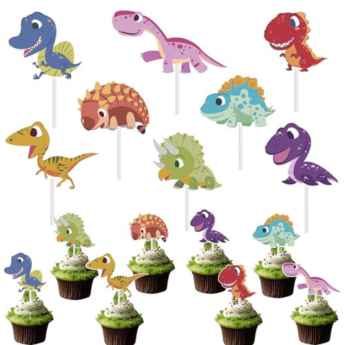 Silars Dinosaurier Cupcake Topper, 24 Stücke Tortendeko Dinosaurier Deko Geburtstag, Dinosaurier Tortenaufleger für Cupcake DIY Deko für Wald, Tiermotiv, Babyparty, Geburtstag, Party (Dinosaurier) von Silars