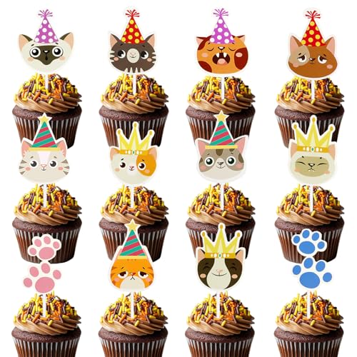 Silars Katzen Tortendeko Geburtstag, 24 Stücke Kuchen Deko Katze Katzen Geburtstagsparty Kinder, Muffin Topper Katze für Katzenliebhaber Kätzchen Thema Babyparty Kinder Geburtstag von Silars