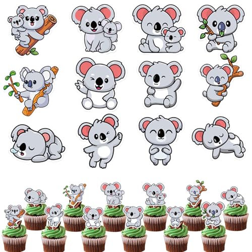 Silars Koala Cupcake Topper, 24 Stücke Tortendeko für Geburtstag, Tortenaufleger für DIY Deko, Wald, Tiermotiv, Babyparty, Party, Tischdekoration von Silars