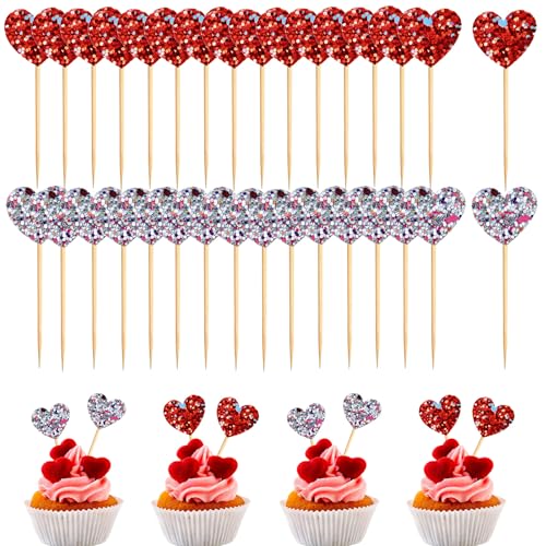 Silars Kuchen Deko Herzen, 30 Stück Glitzer Cupcake Topper Herz, Tortenstecker für alle Anlässe, Rot von Silars