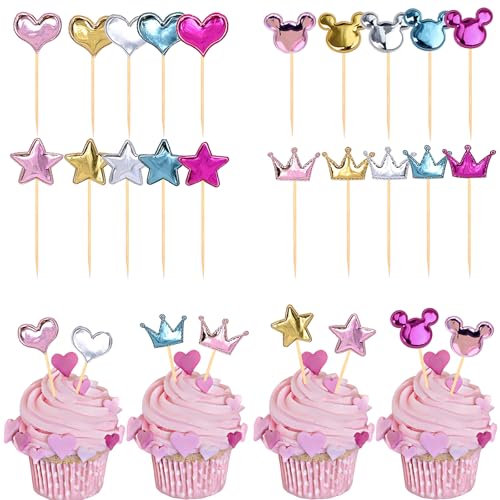 Silars Muffin Deko Geburtstag Stern Herz Krone, 80 Stücke Bunt Tortendeko Mädchen Kuchenstecker, Muffin Stecker für Geburtstag, Valentinstag, Hochzeitstag von Silars