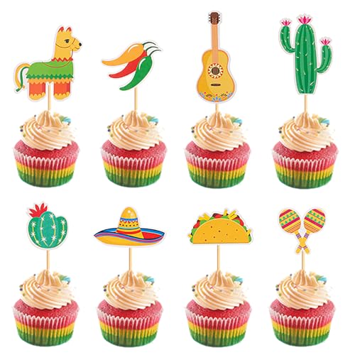 Silars Pinata Kaktus Cupcake Topper, 24 Stücke Tortendeko Fiesta Mexicana Deko Geburtstag, Mexiko Kaktus Tortenaufleger für Cupcake DIY Deko für Geburtstag, Party, Fiesta von Silars