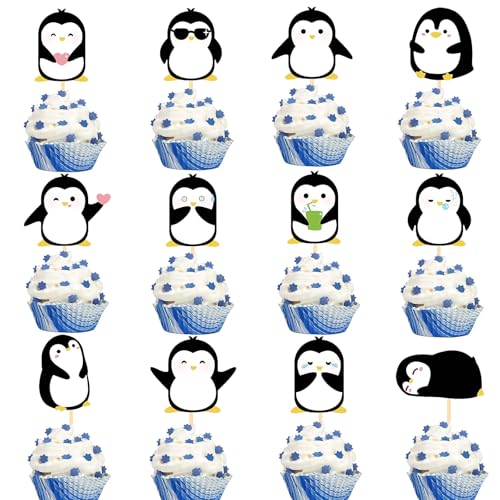 Silars Pinguin Cupcake Topper, 24 Stücke Tortendeko Pinguin Deko Geburtstag Jungen Mädchen, Pinguin Tortenaufleger für Cupcake DIY Deko für Tiermotiv, Babyparty, Geburtstag, Party von Silars