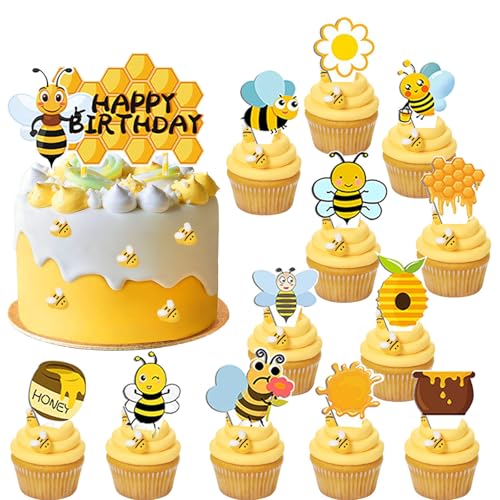 Silars Tortendeko Geburtstag Biene Tortenaufleger Bienen, 1+12 Thema Kuchendeko Biene Happy Birthday Cake Topper, Bienen Kuchen Topper für Tischdekoration für Bienen Thema Geburtstagsparty von Silars