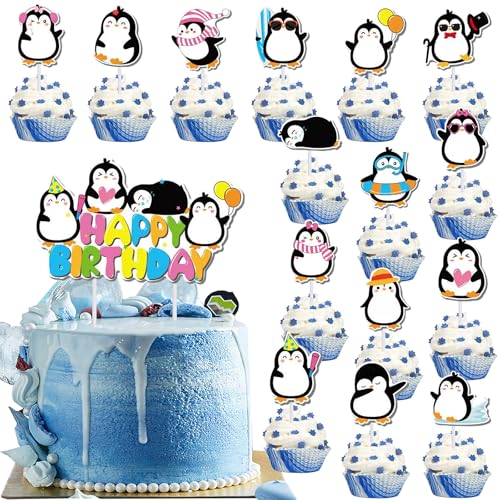 Silars Tortendeko Geburtstag Pinguin Tortenaufleger Pinguin, 1+12 Thema Kuchendeko Pinguin Happy Birthday Cake Topper, Jungen Mädchen Kuchen Topper für Tiermotiv, Babyparty, Geburtstag, Party von Silars