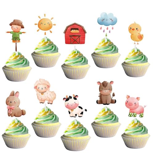 Silars Tortendeko Tiere Bauernhof, 20 Stücke Farm Animal Cupcake Topper Geburtstagstorte Deko Bauernhof, Tortenaufleger Schäfchen Schweinchen Huhn Kuh für Kindergeburtstag, Babyparty, Geburtstag von Silars