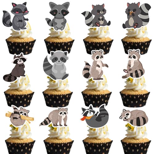Silars Waschbär Tortendeko, 24 Stücke Racoon Cupcake Topper Waschbär Deko Geburtstag, Tortenaufleger Waschbaer für Cupcake DIY Deko für Tiermotiv, Babyparty, Geburtstag, Party von Silars