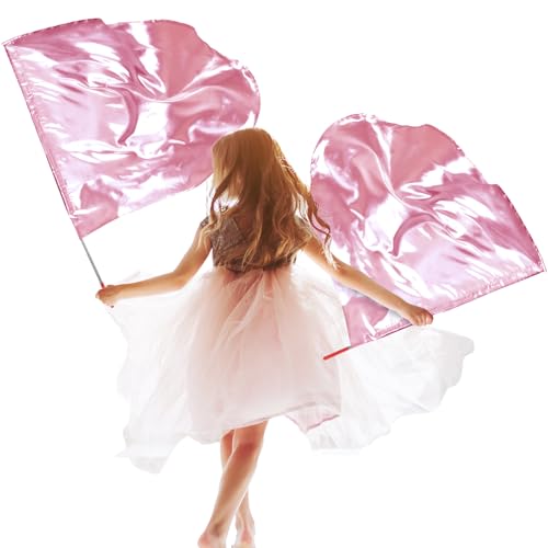Silipull 2-teiliges Set, 81,3 cm, Lob Tanz, Anbetungsflaggen mit skalierbarem Stab für Kinder, halbrund, Lob, Kirchenflaggen für Anbetung, Tanz, Outdoor-Übungen, Aufführungen (Rosa) von Silipull