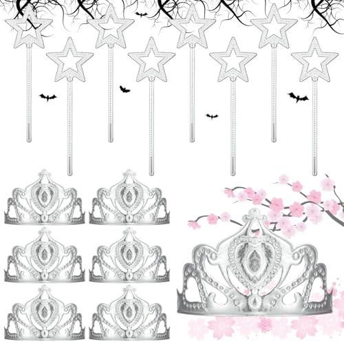Silipull 24 Stück Prinzessinnenkronen und Pailletten-Sternstäbe, Hexen-Partygeschenk-Set, weiche Königin-Schaumstoff-Tiaras, Zauberstab für rosa und grüne Prinzessinnen-Hexe, Geburtstagsparty von Silipull