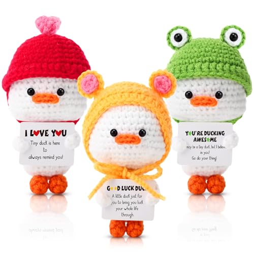 Silipull Niedliche Enten-Häkelpuppe mit positiver Karte, lustige, handgefertigte Häkeltiere, Geschenk, weiche Wolle, positiv, kreative Strickpuppen für Geburtstag, Raumdekoration, Ermutigung von Silipull