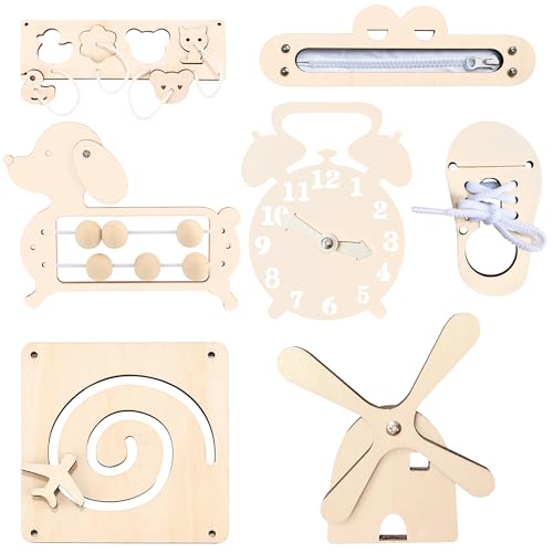 7er Montessori Toy Busy Board Accessories aus Holz - Montessori Activity Board Lernspielzeug - Motorikspielzeug DIY Accessories für Motor Skills & Kognitionsförderung, ideal für Kinder 1-6 Jahre von Silkwish