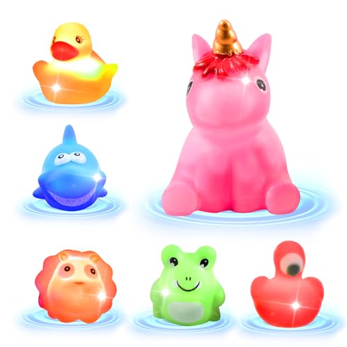 Badewannenspielzeug Baby Leuchtend 6er Set - LED Badespielzeug mit Dynamische Farblicht - Wasserspielzeug Kinder für Badewanne - Leuchtet im Wasser (Hai, Ente, Löwe, Einhorn, Flamingo, Frosch) von Silkwish