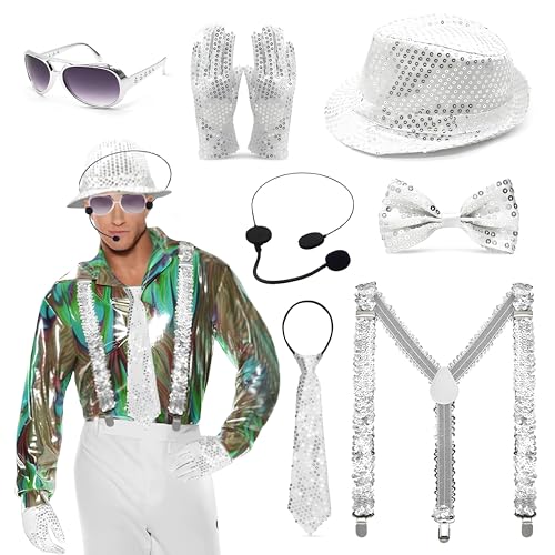 Glitzer Accessoires Herren, Glitzer Outfit Herren mit Paillettenhut Sonnenbrille Handschuhen Fliege Hosenträger Kopfmikrofon, 80er King of Pop Tänzer Sänger Rockstar Cosplay Fasching Party Zubehör von Silkwish