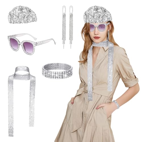 Silkwish 5 Stück Glitzer Disco Accessoires - 70er Jahre Pailletten Kostümzubehör - Bling Baskenmützen Sonnenbrille Schal mit Pailletten - 70er 80er Jahre Outfit Damen für Fasching Karneval - Silber Silkwish 5 Stück Glitzer Disco Accessoires - 70er Jahre Pailletten Kostümzubehör - Bling Baskenmützen Sonnenbrille Schal mit Pailletten - 70er 80er Jahre Outfit Damen für Fasching Karneval - Silber von Silkwish