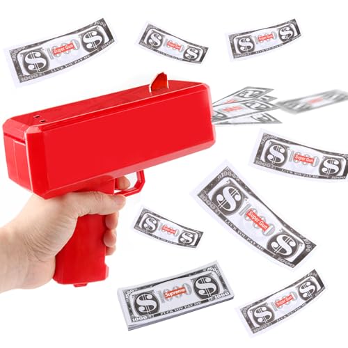 Silkwish Geld Pistole Shooter mit 100 Spielgeld Scheine - Spielzeugpistole Geld für Spielfilme Party sprühen - Requisitenpistole für Schießen Fake Geld (Rot) von Silkwish