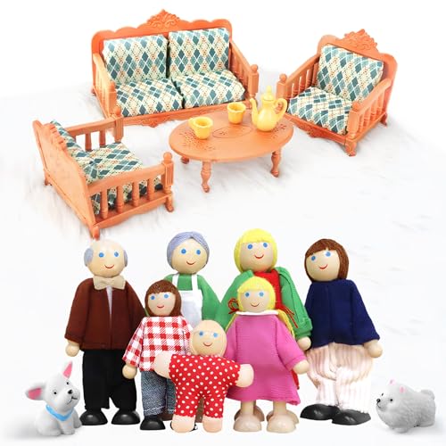 Silkwish Puppenhaus Puppenfamilie Set mit Puppenhaus Möbel, 7 Puppenhaus Puppen mit 2 Welpe, Puppenhaus Zubehör, Rollenspiel Spielzeug Kinder Spiel für Mädchen, Jungen von Silkwish