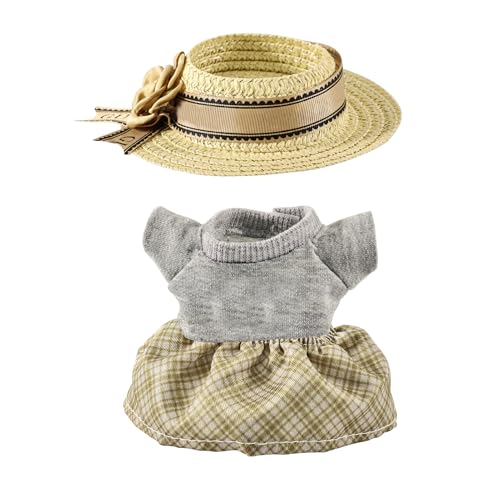 Silkwish Puppenkleidung Set für 17cm Puppe - Puppen Kostüm Set für La Puppen, Inkl Grauer Strickpulli + Schottenkaro Rock + Blumen Breitschirmhut - Modische Puppenkleidung Outfit von Silkwish