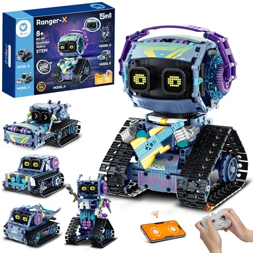 Sillbird Technik Roboter Kinder für Jungen, 5 in 1 Gitarrist-Roboter/Transport/Straßenwalze Programmierbares Bauspielzeug mit Ferngesteuert & App, Kreatives Geschenk für Kinder ab 8+ (433 Stück) von Sillbird