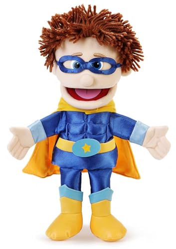 Superheld, Pfirsichjunge von Silly Puppets | 40 cm Handpuppe für Kinder | Mit Beweglichem Mund Und Armen | Abnehmbare Handwaschbare Kleidung von Silly Puppets
