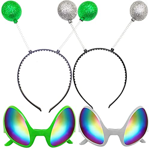 2 Paare Alien Stirnband und Brille, Alien Regenbogenlinse Sonnenbrille, Alien Kostümstirnband Boppers Antenne für Erwachsene und Kinder von Silom