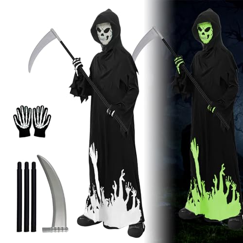 Fairypeach Geisterroben Kostüm Mit Sichel, Halloween Verkleidung, Leuchtendes Skelett, Grim Reaper Kinderkostüm, Geist, Sensenmann, Faschings Kostüme, Ghost Robe (Schwarz-L) Fairypeach Geisterroben Kostüm Mit Sichel, Halloween Verkleidung, Leuchtendes Skelett, Grim Reaper Kinderkostüm, Geist, Sensenmann, Faschings Kostüme, Ghost Robe (Schwarz-L) von SilverChry