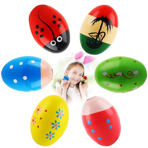 Holzeier Musikinstrumente*6pcs, SilverChry Ostereier aus Holz, Holzeier zum Handbemalen, Hölzerne Eierschüttler, Holzeier Ostern, Rasseleier Set, Holzeier Spielzeug Kinder (Farbe) von SilverChry
