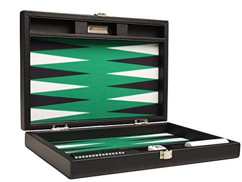 Premium Backgammon-Set, 33 cm, Reisegröße, schwarzes Board mit weißen und schwarzen Punkten von Silverman & Co.