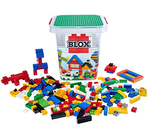 Simba 104114519 - Blox 500 Bausteine im Eimer, für Kinder ab 3 Jahren, Verschiedene Steine, 16 Fenster, 4 Türen, mit Grundplatte, vollkompatibel, farblich gemischt von Simba