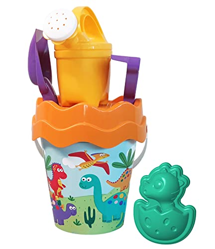 Dino Eimergarnitur, Sandspielzeug, 6 Teile, Eimer, Sieb, Sandform, Schaufel, Rechen, Gießer, 16cm, D:17cm, ab 10 Monate Dino Eimergarnitur, Sandspielzeug, 6 Teile, Eimer, Sieb, Sandform, Schaufel, Rechen, Gießer, 16cm, D:17cm, ab 10 Monate von Simba