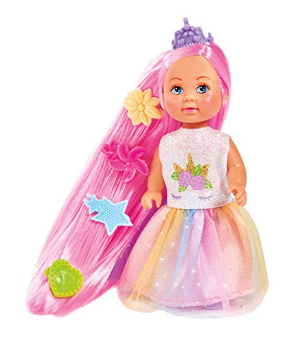 Simba 105733505 - Evi Love Rainbow Princess, Puppe als Regenbogenprinzessin mit Langen Haaren, 4 Haarclips und Bürste, 12cm, Für Kinder ab 3 Jahren von Simba